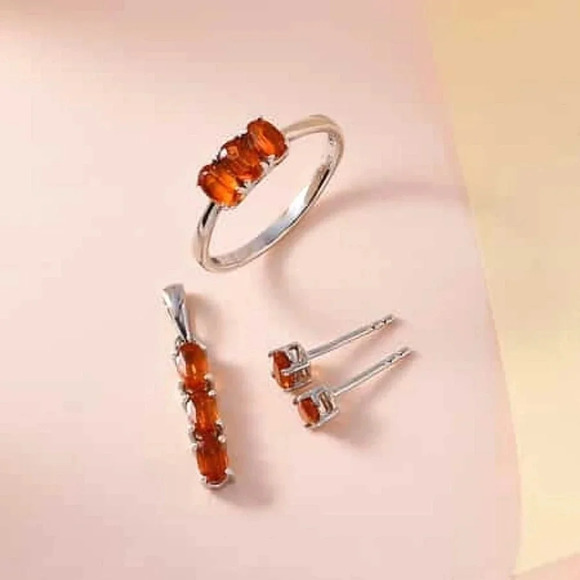 Tangerine Kyanite 3 Stone Ring, Stud Earrings & 3 Stone Pendant Set - Picture 3 of 11